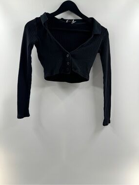 Princess Polly Black Ribbed Collared Long Sleeve Crop Top Women's US 2